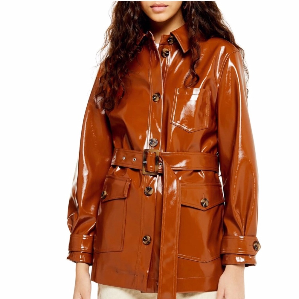 NWOT Topshop Brown Casey Faux Patent Leather Belted Jacket 4